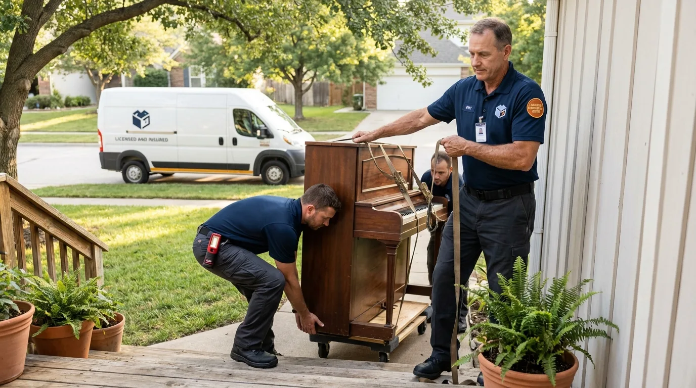 Licensed piano movers securing grand piano in Gorham, ME