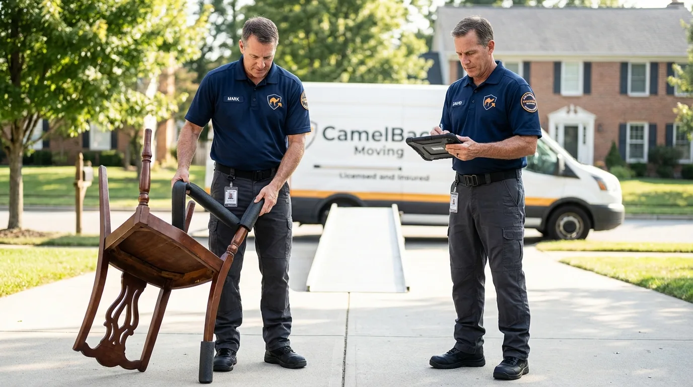 Movers inspecting furniture for damage prevention before loading in Gorham, ME