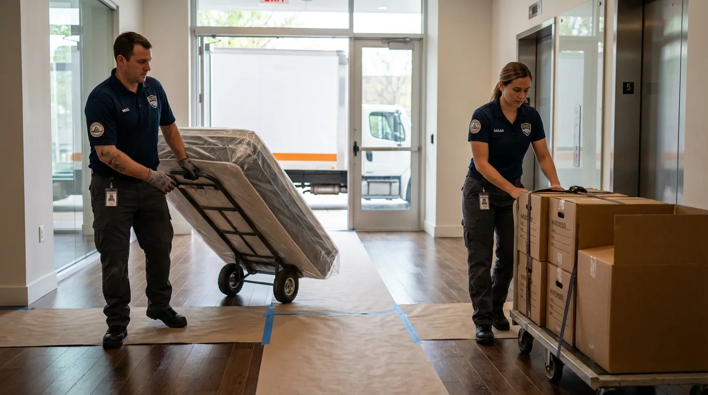 Professional apartment movers loading elevator in Gorham, ME